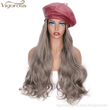 Vigorous Gray Wig With Red hat for Women Synthetic Hair Extensions Wavy Heat Resistant Fiber Hair Extension Wigs